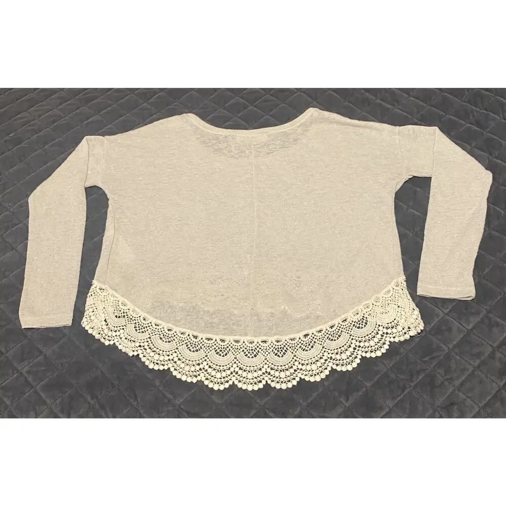 Y2K Abercrombie & Fitch W Oatmeal Long Slv Crochet Lace Hem Boho Cottagecore S